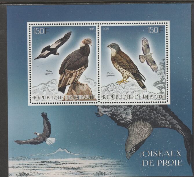 Djibouti 2015 Birds of Prey perf sheet containing two values unmounted mint, stamps on , stamps on  stamps on birds, stamps on  stamps on birds of prey, stamps on  stamps on 