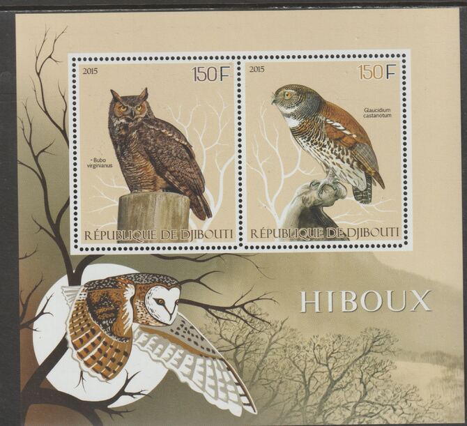 Djibouti 2015 Owls perf sheet containing two values unmounted mint, stamps on , stamps on  stamps on birds, stamps on  stamps on birds of prey, stamps on  stamps on owls