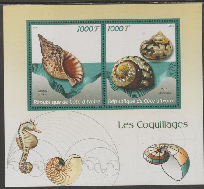 Ivory Coast 2016 Shells perf sheet containing two values unmounted mint, stamps on , stamps on  stamps on marine life, stamps on  stamps on shells