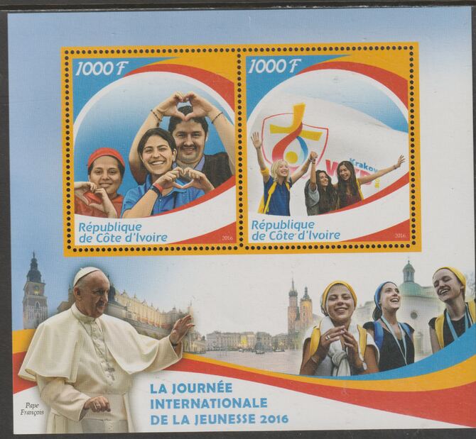 Ivory Coast 2016 International Youth Day perf sheet containing two values unmounted mint, stamps on youths, stamps on pope, stamps on 