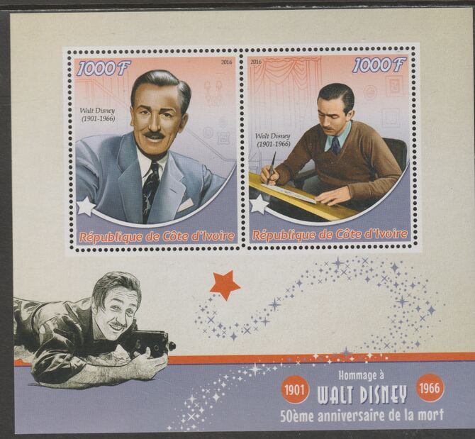 Ivory Coast 2016 Walt Disney - 50th Death Anniversary perf sheet containing two values unmounted mint, stamps on personalities, stamps on disney