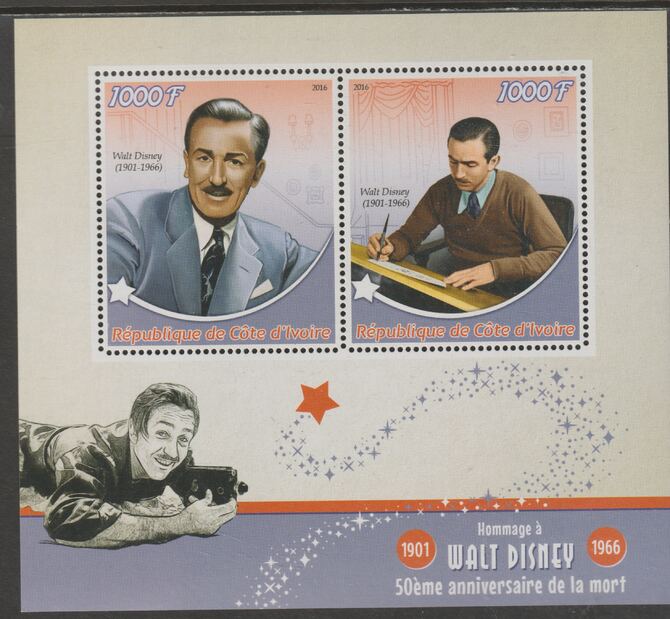 Ivory Coast 2016 Walt Disney - 50th Death Anniversary perf sheet containing two values unmounted mint, stamps on personalities, stamps on disney