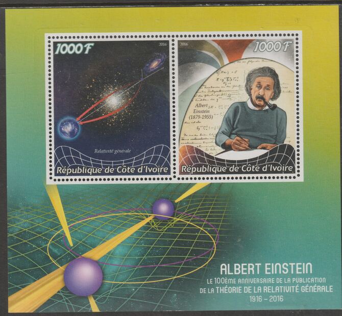 Ivory Coast 2016 Albert Einstein Centenary of Publication perf sheet containing two values unmounted mint, stamps on personalities, stamps on einstein, stamps on physics, stamps on science, stamps on space