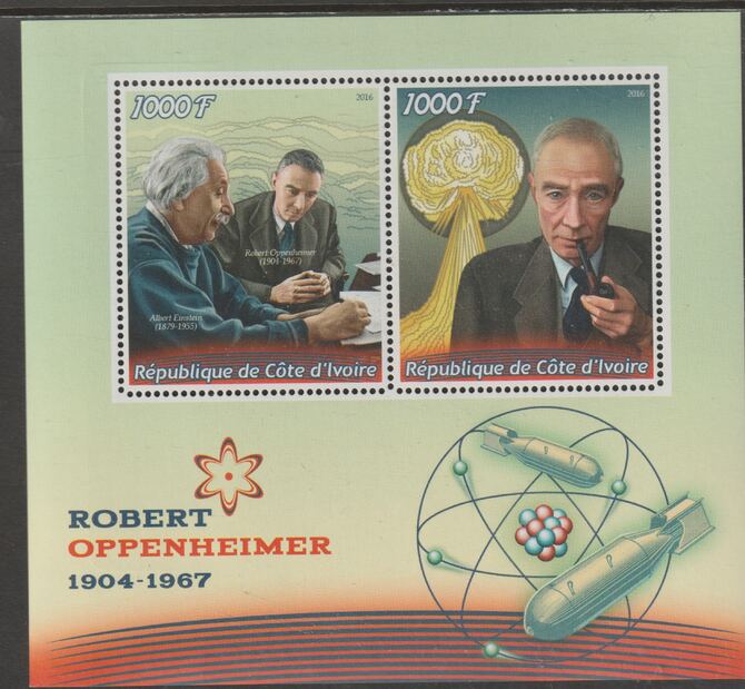 Ivory Coast 2016 Robert Oppenheimer perf sheet containing two values unmounted mint, stamps on personalities, stamps on oppenheimer, stamps on atomics