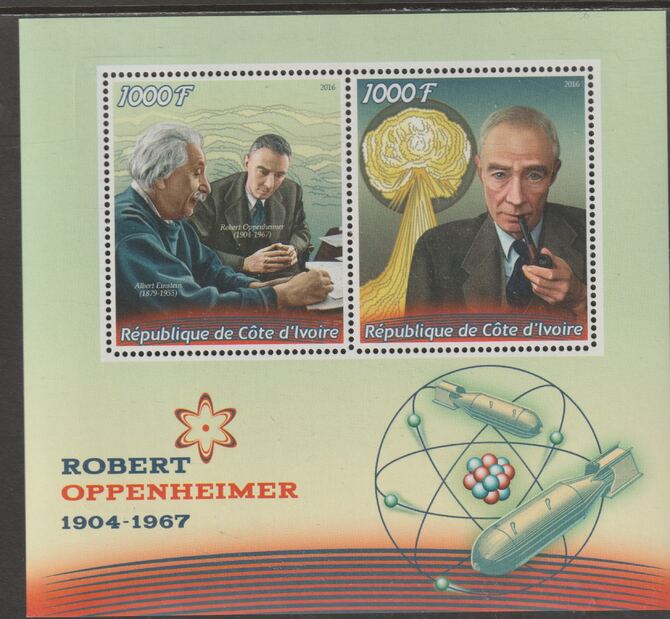 Ivory Coast 2016 Robert Oppenheimer perf sheet containing two values unmounted mint, stamps on , stamps on  stamps on personalities, stamps on  stamps on oppenheimer, stamps on  stamps on atomics