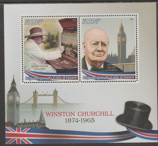 Ivory Coast 2016 Winston Churchill perf sheet containing two values unmounted mint, stamps on , stamps on  stamps on personalities, stamps on  stamps on churchill, stamps on  stamps on london