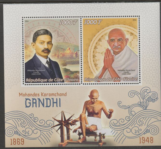 Ivory Coast 2016 Mahatma Gandhi perf sheet containing two values unmounted mint, stamps on , stamps on  stamps on personalities, stamps on  stamps on gandhi