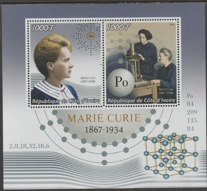 Ivory Coast 2016 Marie Curie perf sheet containing two values unmounted mint, stamps on personalities, stamps on curie, stamps on nobel, stamps on medical