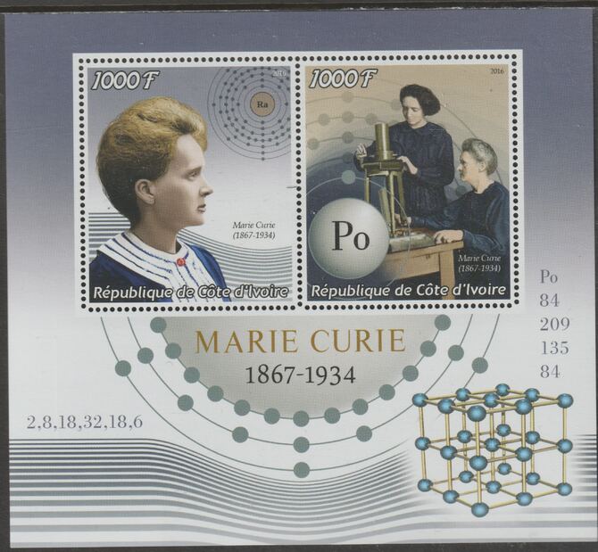 Ivory Coast 2016 Marie Curie perf sheet containing two values unmounted mint, stamps on , stamps on  stamps on personalities, stamps on  stamps on curie, stamps on  stamps on nobel, stamps on  stamps on medical