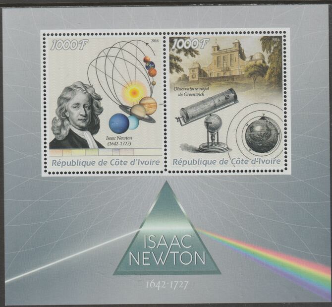 Ivory Coast 2016 Isaac Newton perf sheet containing two values unmounted mint, stamps on personalities, stamps on newton, stamps on science, stamps on telescopes