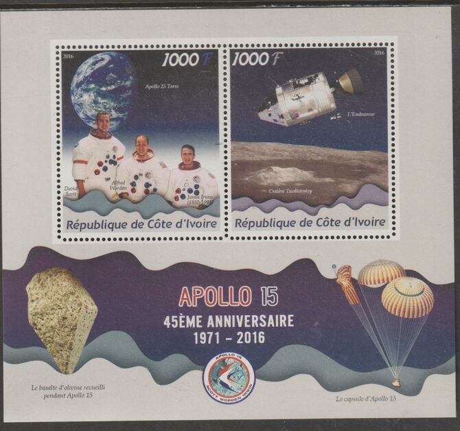 Ivory Coast 2016 Apollo 15 perf sheet containing two values unmounted mint, stamps on , stamps on  stamps on space, stamps on  stamps on apollo, stamps on  stamps on parachutes