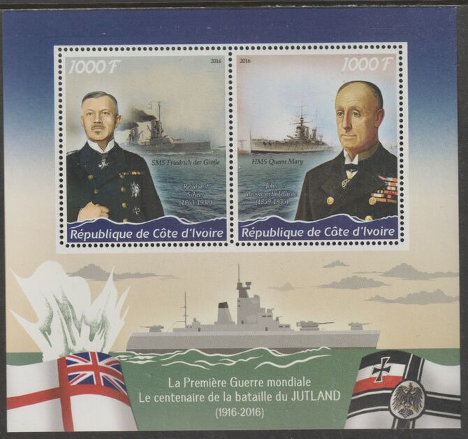 Ivory Coast 2016 Battle of Jutland perf sheet containing two values unmounted mint, stamps on battles, stamps on  ww1 , stamps on ships