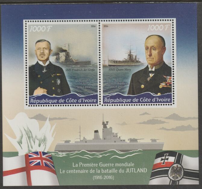 Ivory Coast 2016 Battle of Jutland perf sheet containing two values unmounted mint, stamps on , stamps on  stamps on battles, stamps on  stamps on  ww1 , stamps on  stamps on ships