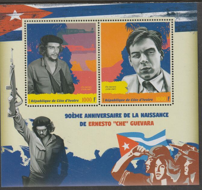Ivory Coast 2018 Che Guevara 90th Birth Anniversary perf sheet containing two values unmounted mint, stamps on personalities, stamps on guevara