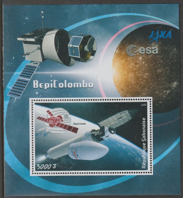 Gabon 2018 BepiColombo Space Mission perf m/sheet containing one value unmounted mint, stamps on , stamps on  stamps on space, stamps on  stamps on rockets, stamps on  stamps on bepicolombo
