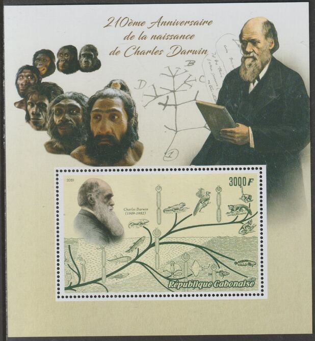 Gabon 2019 Charles Darwin 210th Birth Anniversary perf m/sheet containing one value unmounted mint, stamps on personalities, stamps on darwin, stamps on 