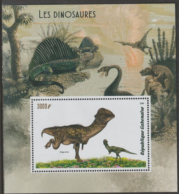 Gabon 2019 Dinosaurs perf m/sheet containing one value unmounted mint, stamps on dinosaurs