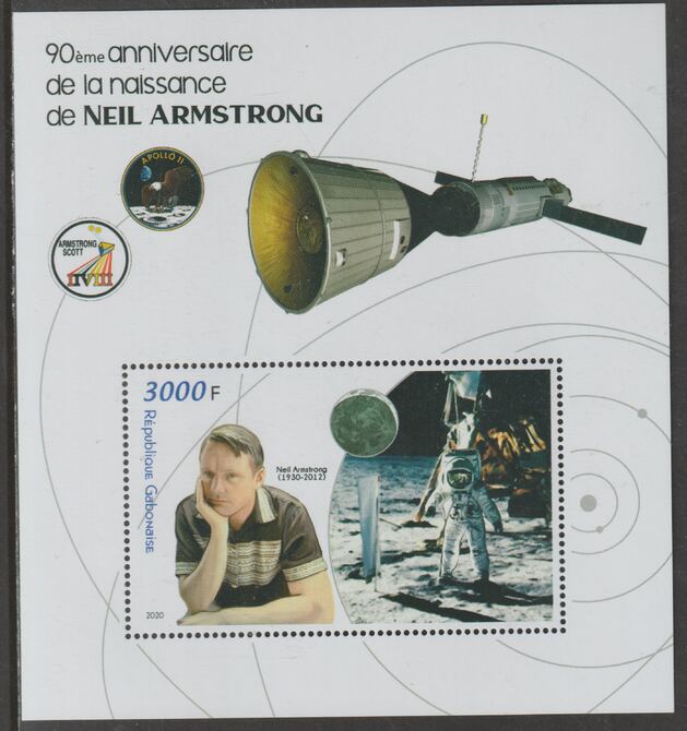 Gabon 2020 Neil Armstrong 90th Birth Anniversary perf m/sheet containing one value unmounted mint, stamps on personalities, stamps on armstrong, stamps on apollo