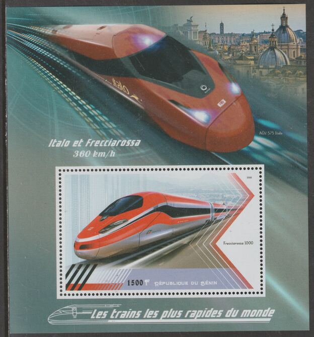 Benin 2018 High Speed Trains - Italo et Freciarossa perf m/sheet containing one value unmounted mint, stamps on , stamps on  stamps on railways