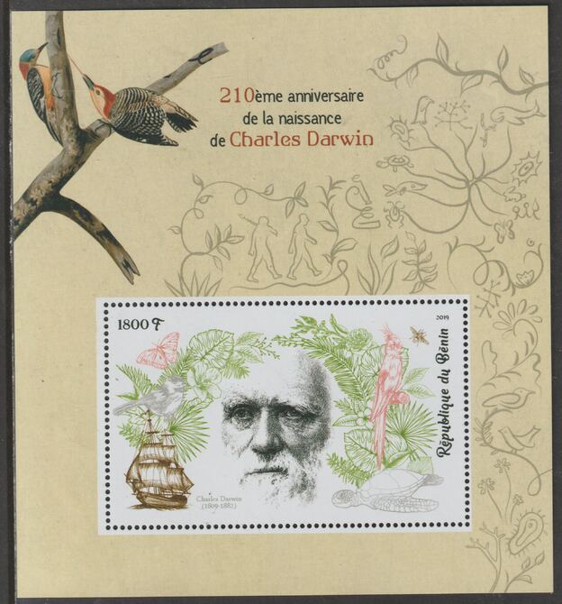 Benin 2019 Charles Darwin 210th Birth Anniversary perf m/sheet containing one value unmounted mint, stamps on personalities, stamps on darwin, stamps on ships
