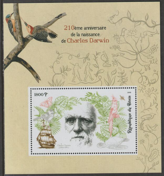 Benin 2019 Charles Darwin 210th Birth Anniversary perf m/sheet containing one value unmounted mint, stamps on , stamps on  stamps on personalities, stamps on  stamps on darwin, stamps on  stamps on ships