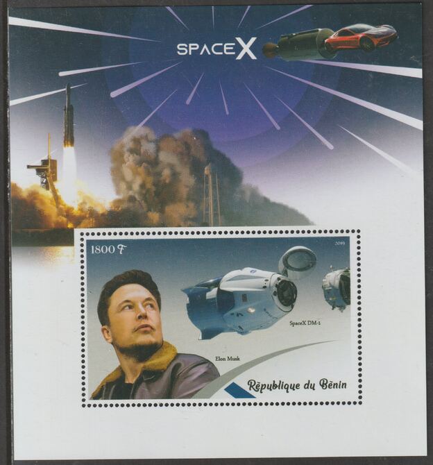 Benin 2019 SpaceX perf m/sheet containing one value unmounted mint, stamps on , stamps on  stamps on space, stamps on  stamps on spacex, stamps on  stamps on rockets