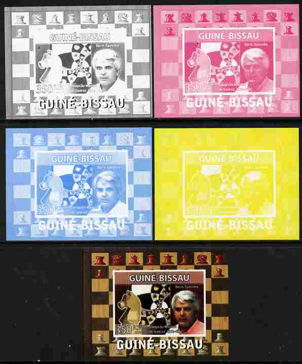 Guinea - Bissau 2008 Chess Champions - Boris Spassky individual deluxe sheetlet - the set of 5 imperf progressive proofs comprising the 4 individual colours plus all 4-colour composite, unmounted mint , stamps on personalities, stamps on chess