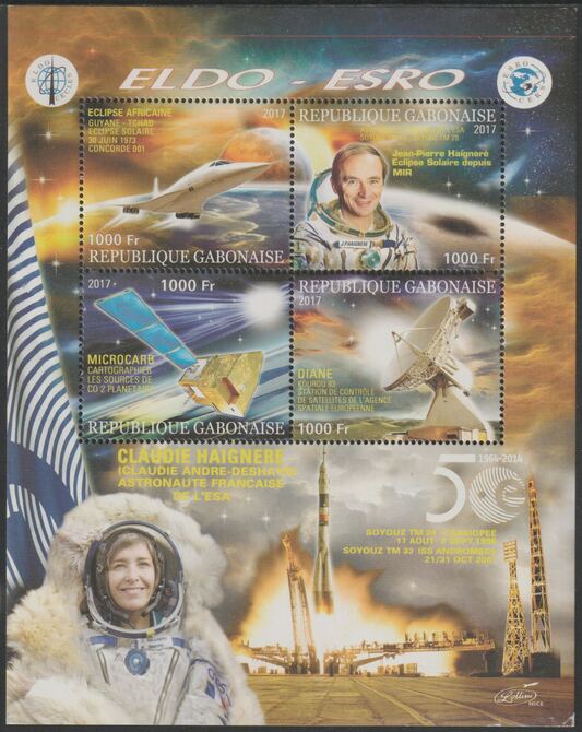 Gabon 2017 Space Exploration - 50 Years #2 perf sheet containing four values unmounted mint, stamps on space, stamps on rockets, stamps on satellites, stamps on eldo, stamps on concorde