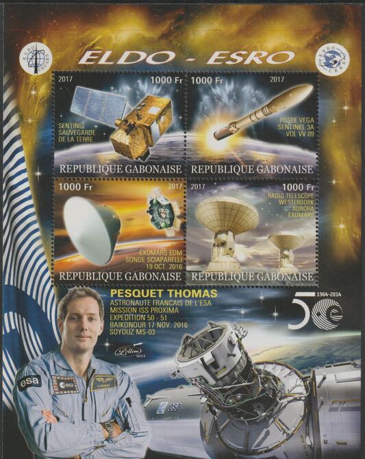 Gabon 2017 Space Exploration - 50 Years #4 perf sheet containing four values unmounted mint, stamps on space, stamps on rockets, stamps on satellites, stamps on eldo, stamps on telescopes