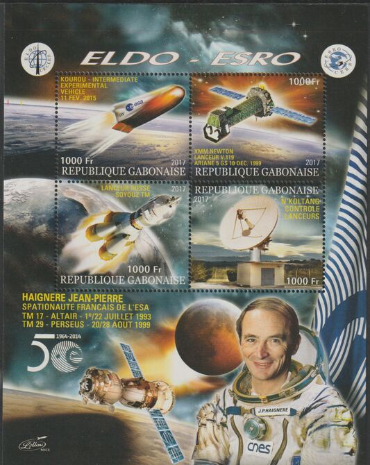 Gabon 2017 Space Exploration - 50 Years #5 perf sheet containing four values unmounted mint, stamps on , stamps on  stamps on space, stamps on  stamps on rockets, stamps on  stamps on satellites, stamps on  stamps on eldo, stamps on  stamps on telescopes