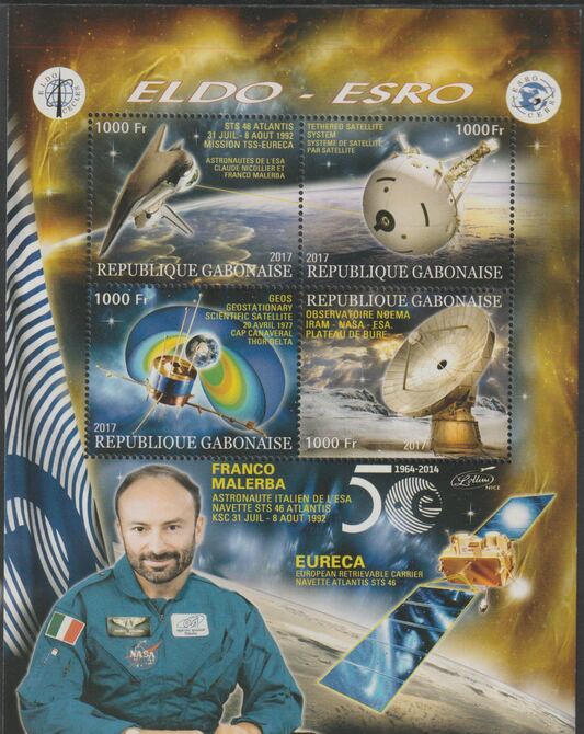 Gabon 2017 Space Exploration - 50 Years #7 perf sheet containing four values unmounted mint, stamps on space, stamps on rockets, stamps on satellites, stamps on eldo