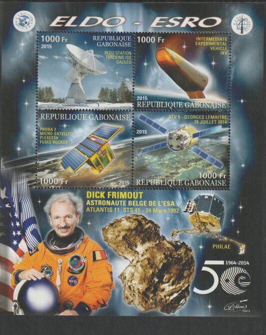 Gabon 2015 Space Exploration - 50 Years #4 perf sheet containing four values unmounted mint, stamps on space, stamps on rockets, stamps on satellites, stamps on eldo, stamps on telescopes