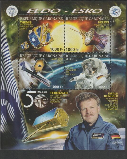 Gabon 2016 Space Exploration - 50 Years #2 perf sheet containing four values unmounted mint, stamps on space, stamps on rockets, stamps on satellites, stamps on eldo
