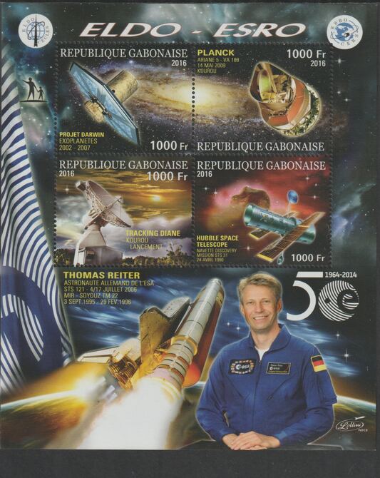 Gabon 2016 Space Exploration - 50 Years #4 perf sheet containing four values unmounted mint, stamps on , stamps on  stamps on space, stamps on  stamps on rockets, stamps on  stamps on satellites, stamps on  stamps on eldo, stamps on  stamps on telescopes