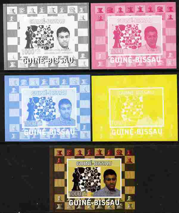 Guinea - Bissau 2008 Chess Champions - Wiswanathan Anand individual deluxe sheetlet - the set of 5 imperf progressive proofs comprising the 4 individual colours plus all 4-colour composite, unmounted mint , stamps on personalities, stamps on chess
