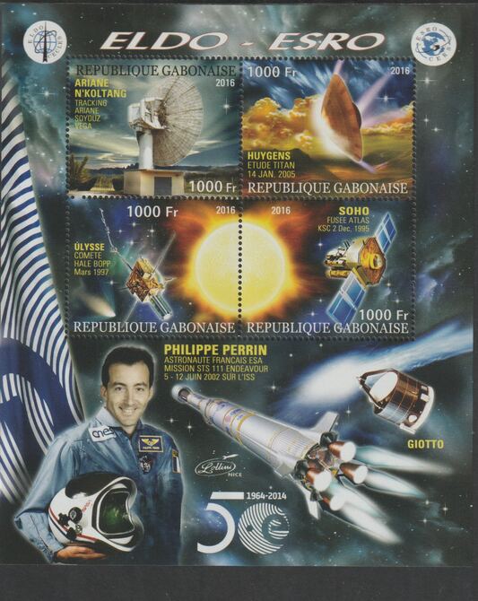 Gabon 2016 Space Exploration - 50 Years #5 perf sheet containing four values unmounted mint, stamps on , stamps on  stamps on space, stamps on  stamps on rockets, stamps on  stamps on satellites, stamps on  stamps on eldo, stamps on  stamps on telescopes