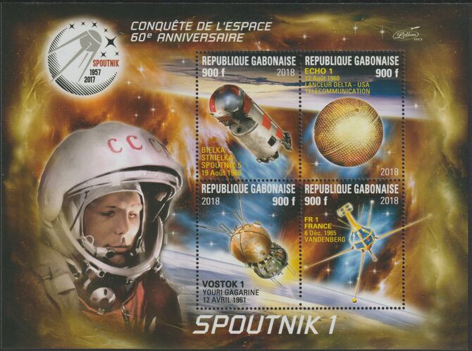 Gabon 2018 Space - Sputnik 60th Anniversary #3 perf sheet containing four values unmounted mint, stamps on space, stamps on sputnik, stamps on satellites