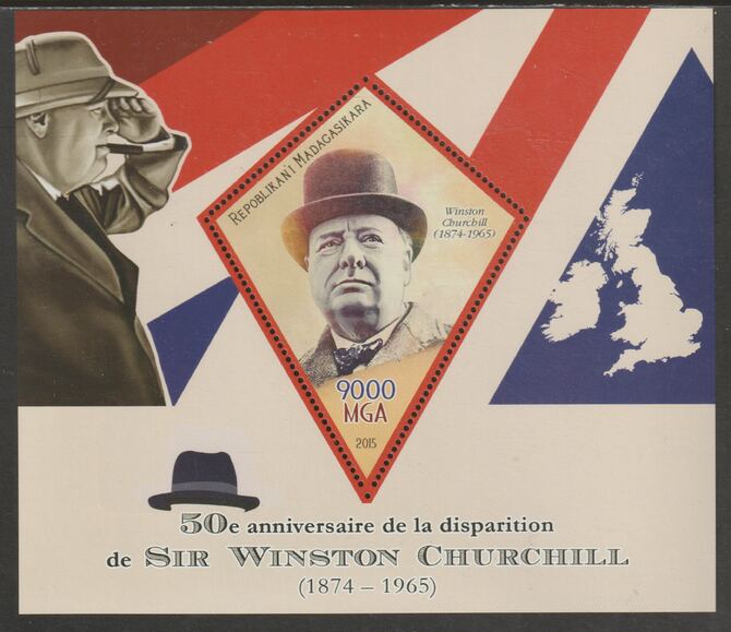 Madagascar 2015 Winston Churchill 50th Death Anniversary perf deluxe sheet containing one diamond shaped value unmounted mint, stamps on shaped, stamps on personalities, stamps on churchill, stamps on smoking, stamps on maps