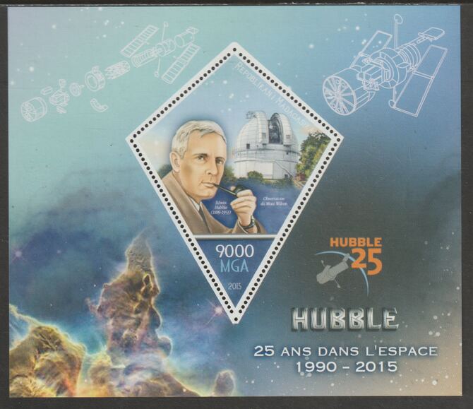 Madagascar 2015 Edwin Hubble 25th Anniversary of Telescope perf deluxe sheet containing one diamond shaped value unmounted mint, stamps on shaped, stamps on personalities, stamps on hubble, stamps on smoking, stamps on tobacco, stamps on space, stamps on telescopes