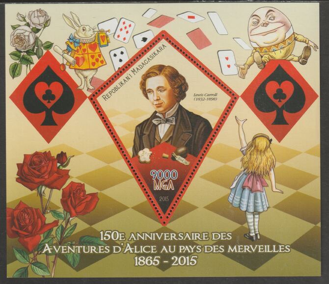 Madagascar 2015 Lewis Carroll 150th Anniversary perf deluxe sheet containing one diamond shaped value unmounted mint, stamps on , stamps on  stamps on shaped, stamps on  stamps on personalities, stamps on  stamps on literature, stamps on  stamps on playing cards