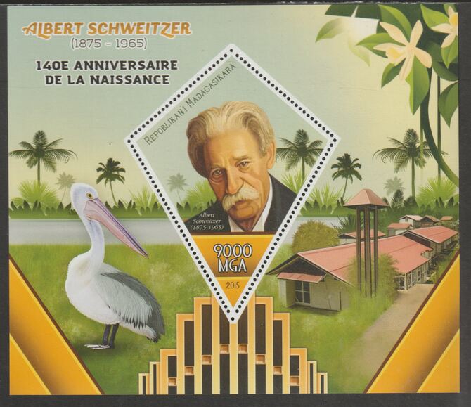 Madagascar 2015 Albert Schweitzer 140th Birth Anniversary perf deluxe sheet containing one diamond shaped value unmounted mint, stamps on shaped, stamps on personalities, stamps on schweitzer
