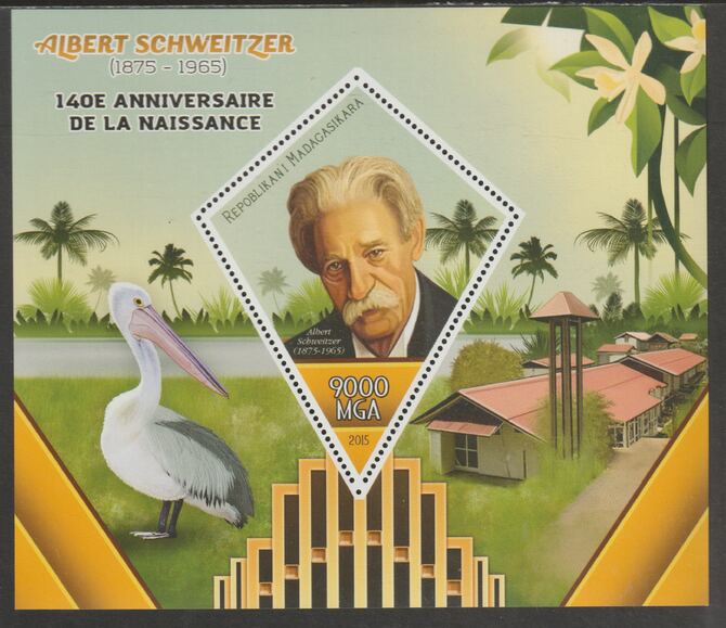 Madagascar 2015 Albert Schweitzer 140th Birth Anniversary perf deluxe sheet containing one diamond shaped value unmounted mint, stamps on , stamps on  stamps on shaped, stamps on  stamps on personalities, stamps on  stamps on schweitzer