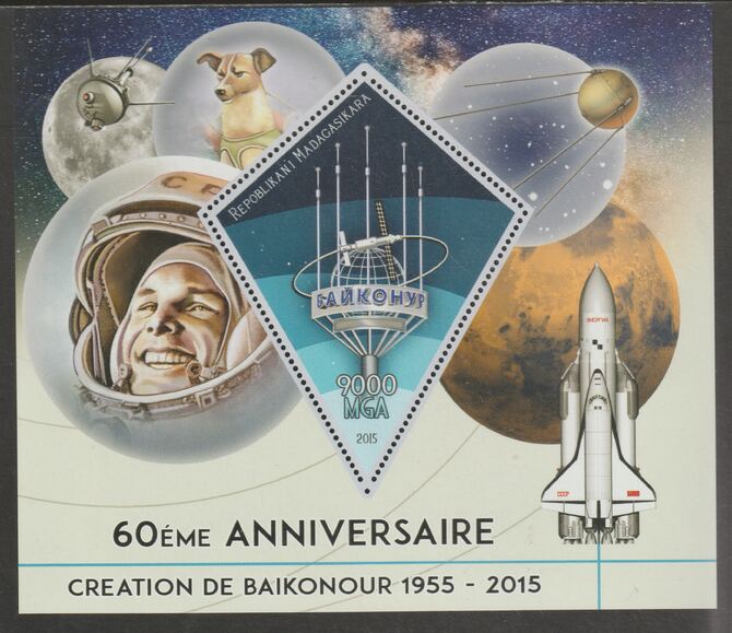 Madagascar 2015 Baikonour Spaceport 60th Anniversary perf deluxe sheet containing one diamond shaped value unmounted mint, stamps on , stamps on  stamps on shaped, stamps on  stamps on space, stamps on  stamps on baikonour, stamps on  stamps on shuttle, stamps on  stamps on satellites