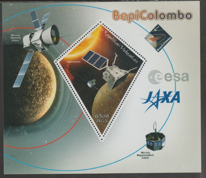 Madagascar 2018 BepiColombo Space Mission perf deluxe sheet containing one diamond shaped value unmounted mint, stamps on shaped, stamps on space, stamps on bepicolombo
