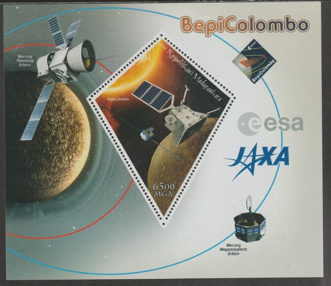 Madagascar 2018 BepiColombo Space Mission perf deluxe sheet containing one diamond shaped value unmounted mint, stamps on , stamps on  stamps on shaped, stamps on  stamps on space, stamps on  stamps on bepicolombo