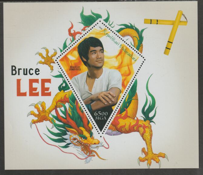 Madagascar 2018 Bruce Lee perf deluxe sheet containing one diamond shaped value unmounted mint, stamps on shaped, stamps on personalities, stamps on martial arts