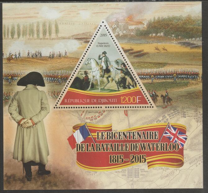 Djibouti 2015 Battle of Waterloo Bicentenary perf deluxe sheet containing one triangular shaped value unmounted mint, stamps on , stamps on  stamps on shaped, stamps on  stamps on battles, stamps on  stamps on waterloo, stamps on  stamps on napoleon