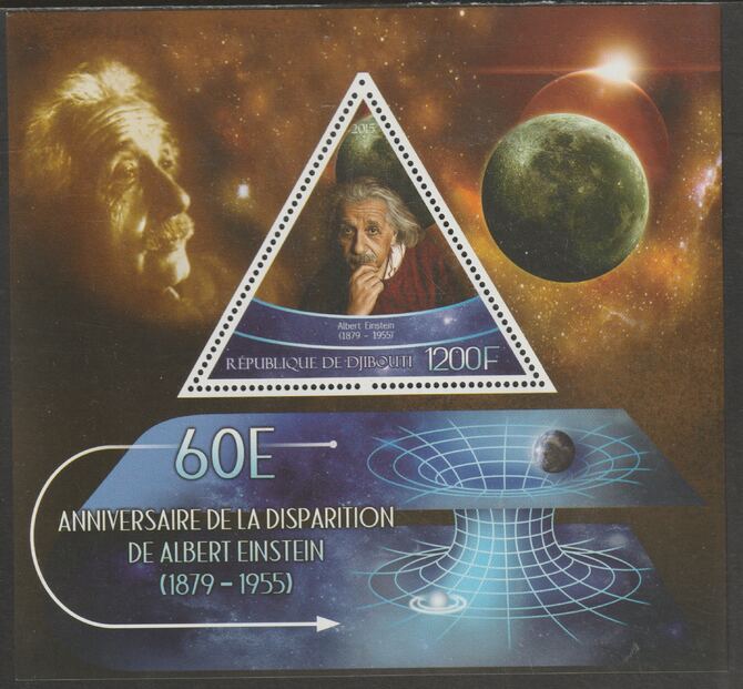 Djibouti 2015 Albert Einstein 60th Death Anniversary perf deluxe sheet containing one triangular shaped value unmounted mint, stamps on shaped, stamps on personalities, stamps on einstein, stamps on space, stamps on science