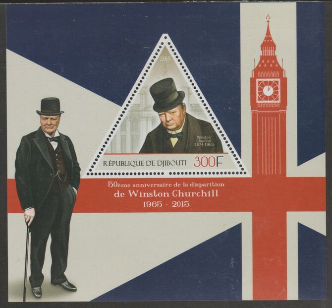 Djibouti 2015 Winston Churchill 50th Death Anniversary perf deluxe sheet containing one triangular shaped value unmounted mint, stamps on shaped, stamps on personalities, stamps on churchill, stamps on london