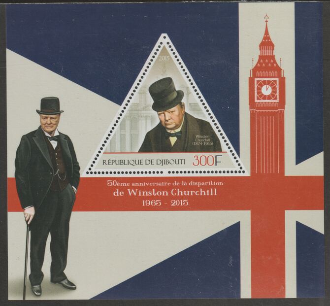 Djibouti 2015 Winston Churchill 50th Death Anniversary perf deluxe sheet containing one triangular shaped value unmounted mint, stamps on , stamps on  stamps on shaped, stamps on  stamps on personalities, stamps on  stamps on churchill, stamps on  stamps on london